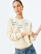 Resim Uzun Kollu Bisiklet Yaka Çiçekli Saç Örgü Dokulu Örme Kazak 