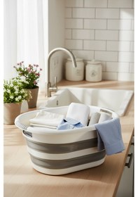 Resim Snippy Accord - Silikon Katlanabilir Çamaşır Sepeti - Akordiyon Katlanır Sepet Kirli Sepeti Oval 25 Lt Beyaz - Gri 