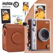 Resim Instax Mini Evo Kahverengi Fotoğraf Makinası 20li Film Deri Kılıf Çerçeve ve Kıskaçlı Stand 