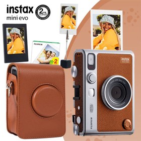 Resim Instax Mini Evo Kahverengi Fotoğraf Makinası 20li Film Deri Kılıf Çerçeve ve Kıskaçlı Stand 