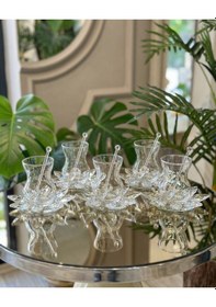 Resim Elta Collection 18 Parça Kristal Çay Seti Kristal Tabak Ve Kaşıklı İnce Belli 6 Kişilik Şık Çay Takımı Seffaf 