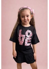 Resim 2474 Kız Çocuk Siyah Payet Sloganlı T-shirt 4-12 Yaş - 90 Siyah 