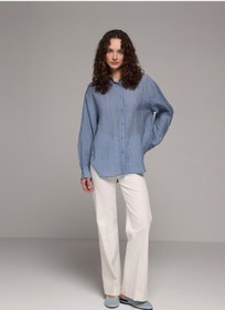 Resim Colin's Oversize Fit Shirt Neck Düz Kadın Mavi Uzun Kol Gömlek 