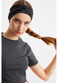 Resim 2'li Çift Taraflı Kullanım Alternatifli Pamuklu Penye, Kaymaz, Hafif, Spor Saç Bandı Bandana - Tek Ebat / Siyah-melanj Siyah-melanj 