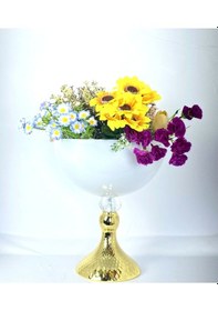 Resim Gold Dekoratif Desen Metal Ayak Kristal Taş Beyaz Küre 25cm Vazo Beyaz - Altın 