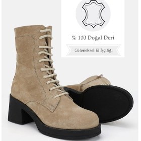 Resim Kadın Bej Süet Hakiki Doğal Deri Bağcıklı Bot & Bootie Bej 