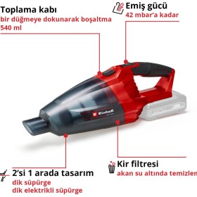 Resim Einhell Akülü El Süpürgesi TE-VC 18 Li-Solo Power X-Change (18V, 42 mbar emiş gücü, 540 ml toz haznesi, 3 başlık, uzatma aparatı, duvar askısı dahil, akü dahil değildir) - 2347120 