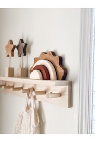 Resim OlcayAksesuar Doğal Ahşap Montessori Kitaplık Çocuk Bebek Odası Askılık Duvar Rafı Düz Askılklı 