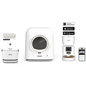 Resim Xenon Smart Akıllı Otomatik Kedi Tuvaleti 4LT Hazneli Mama Kabı Bataryalı Su Pınarı ve Yedek Filtre Pet Seti 