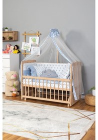 Resim Ahşap Beşik Anne Yanı Beşik Organik Boyasız 60x120-mavi Yıldız 3 Yastık Uyku Seti + Yatak Ahşap 