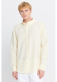 Resim Erkek Sarı Tailored Slim Fit Dar Kesim Düğmeli Yaka Gofre Desenli Gömlek Sarı 