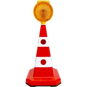 Resim İleri Trafik Solar Sarı Yuvarlak Flaşörlü Ultra Kedi Gözlü Ağırlıklı Trafik Koni Seti Trafik Dubası 