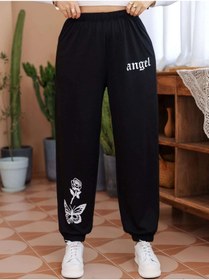 Resim Mythologie Angel Eşofman Altı Jogger Baskılı- Siyah Lastik Paça Yüksek Bel Kışlık 