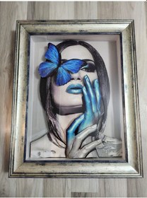 Resim Mavi Kelebekli Kız 35 X 50 Rölyef Tablo 