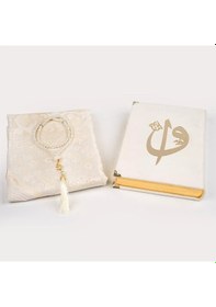 Resim Kuran + Seccade + Tesbih Hediye Seti Orta Boy, Kadife, Desenli Kutu, Beyaz 