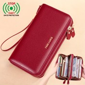 Resim Banyanu Kadın Elegant Gerçek Deri Cüzdanı ile Wristlet - Büyük Kapasiteli Çift Zip Çanta, Kredi Kartı Bölümleri, RFID Engelleme Poliester Astarlı - Guangzhou Burgundy 