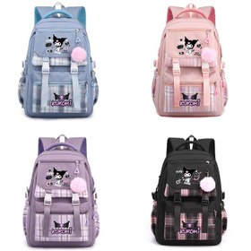 Resim Sanrio Kurumi Baskılı Sırt Çantası | Ayarlanabilir Omuz Askılı ve Ponpon Süslemeli Hafif Naylon | Çok Renkli Ekose Desen, Pembe, Mavi, Siyah, Fermuarlı Kapatma | Günlük Kullanım ve Seyahat için Uygun Rahat Çanta, Sevimli Sırt Çantası | Şık Kareli Desen Paketi 