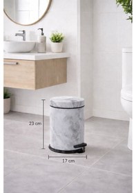 Resim Beyaz Mermer Desenli 2'li Banyo Seti - Metal Çöp Kovası 3 Lt Ve Wc Fırçası Takımı Beyaz 