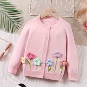 Resim Kızlar için Çiçek Aplike Hırka - Yumuşak Akrilik Karışımı, Tatlı Stil Yuvarlak Yaka, Orta Esneklik, 12 Yaş ve Altı İçin Sonbahar Kışlık Dış Giyim 