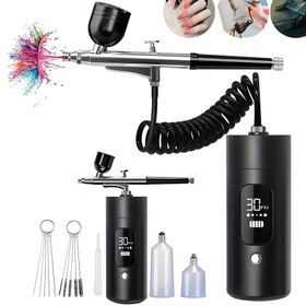 Resim USB Şarj Edilebilir El Tipi Sprey Tabancası Kiti Dijital Ekranlı - 0.3mm Nozul, Boyama, Dövme, Tırnak Sanatı, Kuaförlük & DIY El Sanatları için Taşınabilir Kompresör, Çok Yönlü Hava Kompresörü|Ergonomik Sap|Şeffaf Kaplar 