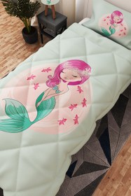 Resim BelezaHome Turkuaz Pembe Deniz Kızı Desenli Tek Kişilik Çocuk Yorganı Uyku Seti 