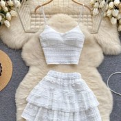 Resim 2025 Yeni Moda Tatlı Kadın Spagetti Askılı Üst & Katmanlı Fırfır Esnek Mini Etek İki Parça Takım 