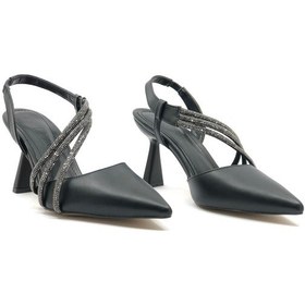 Resim Feles Üç Şerit Taş Detaylı Kadın Topuklu Ayakkabı Stiletto Siyah 