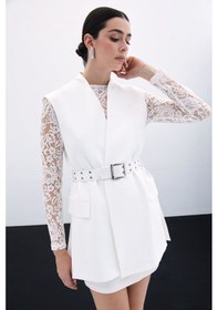 Resim Sateen Kemerli Uzun Yelek - Ekru-135806 Ekru 