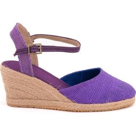Resim Star Tombis Topuğu Açık Bilekten Bantlı Dolgu Topuk Keten Hasır Espadril Mor 
