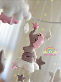 Resim Pembe Gri Fil Figürlü Kız Bebek Beşik Dönencesi Müzikli Dönence 