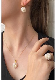 Resim Kadın Prenses Model Doğal İnci Küpe Kolye Yüzük Üçlü Set 11 / Sarı Gümüş 