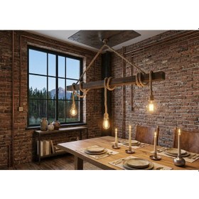 Resim Rustik Halatlı Ahşap Kütük Avize - 3 Kollu Doğal Tasarım Koyu Kahverengi 