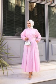 Resim Tesettür Diyarı Bağlama Detaylı Çizgili Tesettür Elbise Pembe 