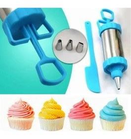 Resim Paslanmaz Çelik Krema Pompası – 4 Uçlu Pasta Kek Süsleme Krema Şekillendirme Spatula Aparatı Seti 