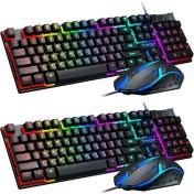 Resim Oyun Gökkuşağı LED Aydınlatmalı Kablolu Mekanik Klavye Fare Seti Pc Masaüstü Dizüstü 