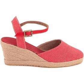 Resim Star Tombis Gerçek Elişi Topuğu Açık Bilekten Bantlı Dolgu Topuk Keten Hasır Espadril Handmade Kırmızı 