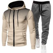 Resim Nokta Baskılı Fermuarlı Kapüşonlu Sweatshirt Takımı Erkek Spor Sweatshirt Ve Eşofmanı Kakı Koyu Gri Siyah Bel Pantolon 