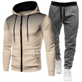 Resim Nokta Baskılı Fermuarlı Kapüşonlu Sweatshirt Takımı Erkek Spor Sweatshirt Ve Eşofmanı Kakı Koyu Gri Siyah Bel Pantolon 