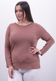 Resim Sude Büyük Beden Ithal Taş Ve Boncuk Işlemeli El Işi Kahverengi Triko Bluz 6176 