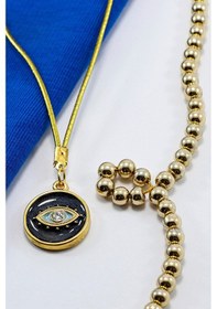 Resim Altın Kaplama Siyah Renkli Metal Göz Parlak Taşlı Nazar Boncuğu L 