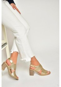 Resim Fox Shoes U555630403 Altın Hakiki Deri Kalın Topuklu Sandalet Altın 