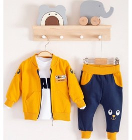 Resim New Fashıon Hırkalı 3'lü % 100 Pamuk Erkek Bebek Takımı Sarı 