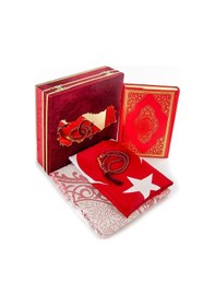 Resim Türkiye Haritalı Bayraklı Kadife Kutulu Kuran Ve Seccade Seti Kır 