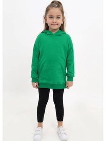 Resim Toontoy Kids Toontoy Kız Çocuk 2'li Takım Baskılı Kapüşonlu Düşük Omuz Cepli Yırtmaçlı Sweatshirt & Basic Düz Tayt Çimen Yeşili 