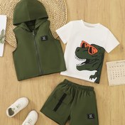 Resim 3 Parça Erkek Çocuk Yazlık Kıyafet Seti: Harf Yaması Fermuarlı Kapüşonlu Sweatshirt, Dinozor Desenli Kısa Kollu Beyaz Tişört ve Cepli Rahat İş Pantolonu - Makinede Yıkanabilir, Polyester Karışımı, Dış Mekan İçin Mükemmel 