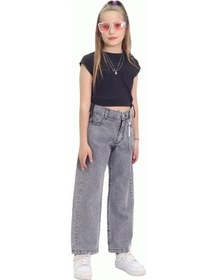 Resim Gzt Tekstil Kız C Ocuk Pantolon Metalik Zincir Detaylı Bol Paça Kız Çocuk Kot Pantolon 6-15 Yaş Denim 