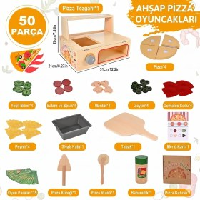 Resim Limon Dekor 50 Parça Ahşap Pizza Fırını Oyun Seti - Montessori Eğitici Mutfak ve Kesilebilir Oyuncak Yiyecek Seti 