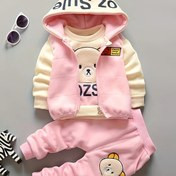 Resim Kızlar İçin Kışlık Yeni Çizgi Film Ayı Desenli İki Yüz Kaplama Polar Üç Parça Takım, Kalınlaştırılmış Kapüşonlu Uzun Kollu Kıyafet, Dış Mekan Kullanımı İçin Mükemmel 