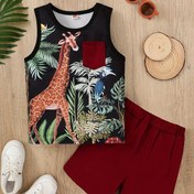Resim Erkek Çocuklar için [Casual Cool] Tropikal Safari Baskılı Kolsuz Tank Top & Düz Bordo Şort Takımı - Rahat Polyester, Şeffaf Olmayan, Cepli Detaylı, İlkbahar/Yaz için Mükemmel, Gençler için Günlük Giyim|Kolsuz Tank Tasarımı|Esnek Malzeme, Erkek Çocuk Tank Topları, Dış Mekan için Mükemmel 