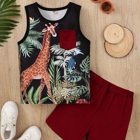 Resim Erkek Çocuklar için [Casual Cool] Tropikal Safari Baskılı Kolsuz Tank Top & Düz Bordo Şort Takımı - Rahat Polyester, Şeffaf Olmayan, Cepli Detaylı, İlkbahar/Yaz için Mükemmel, Gençler için Günlük Giyim|Kolsuz Tank Tasarımı|Esnek Malzeme, Erkek Çocuk Tank Topları, Dış Mekan için Mükemmel 